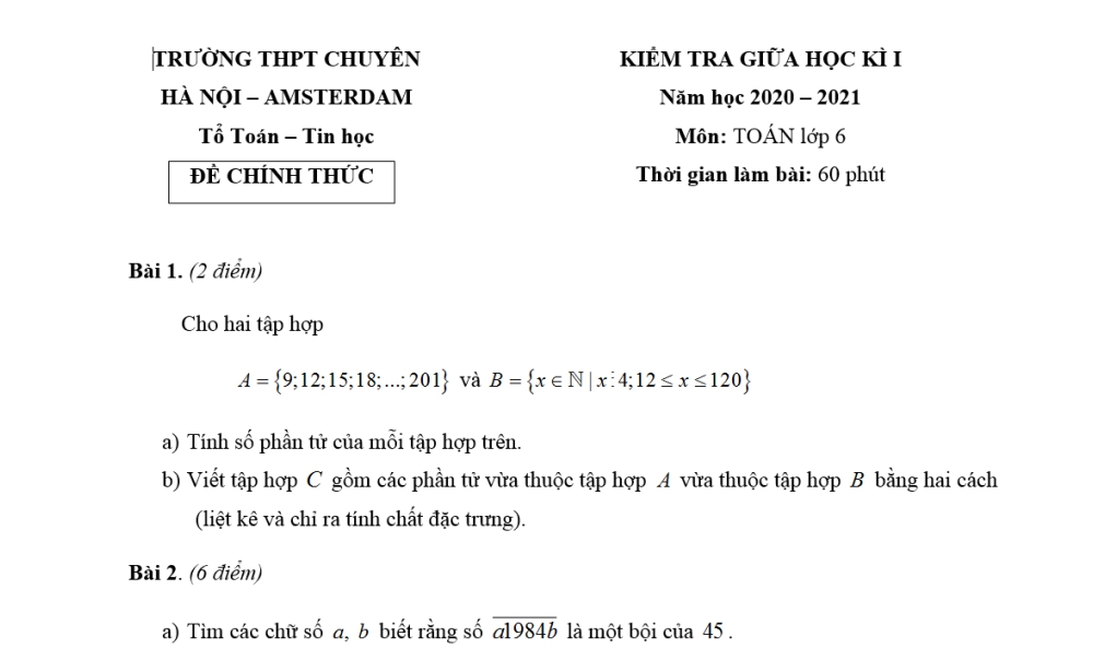 Toán 6: Đề kiểm tra giữa học kì 1. Trường chuyên Hà Nội Amsterdam năm học 2020-2021